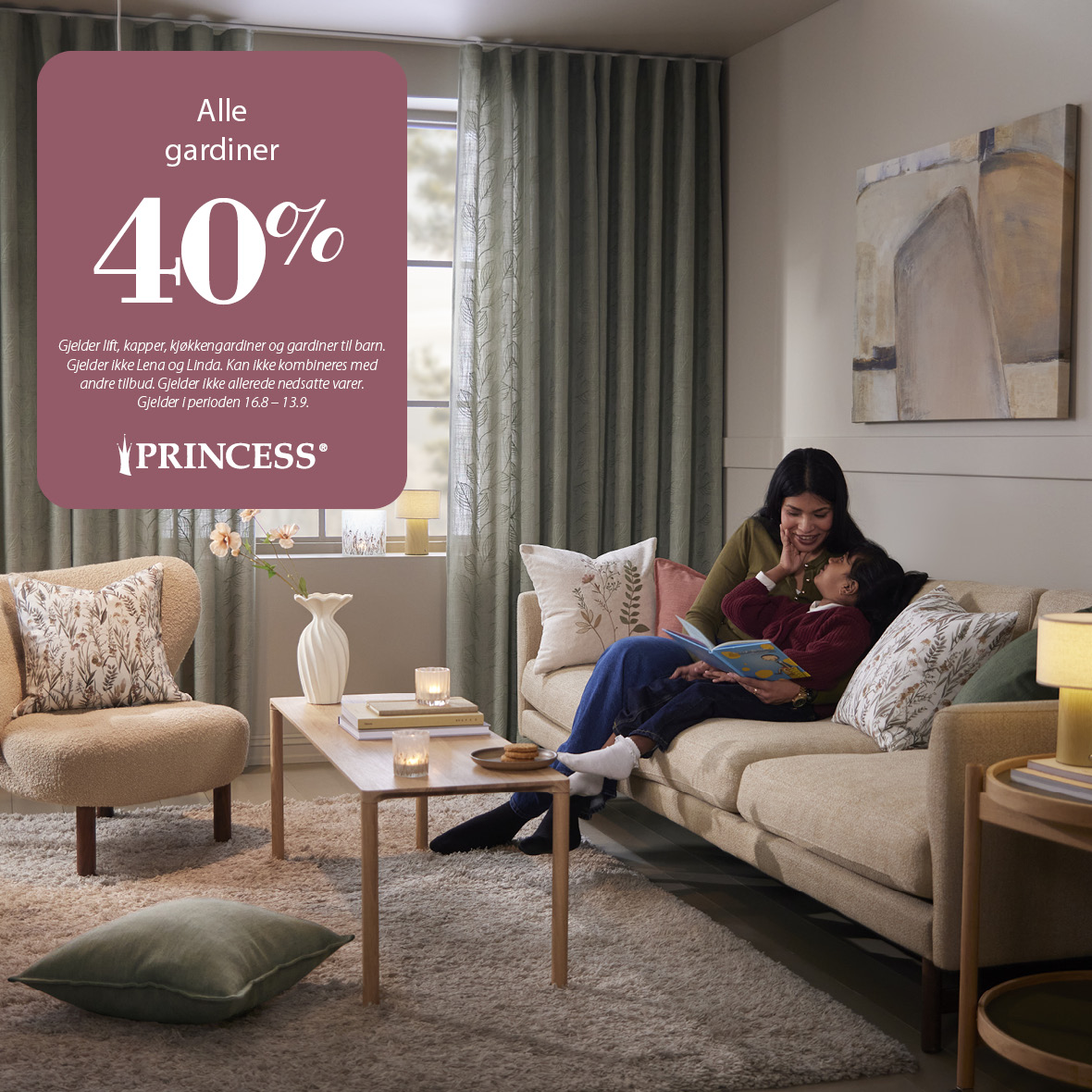 40 % på alle gardiner og gardinskinner Princess